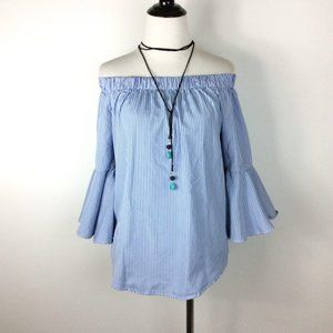Unique 21 by ASOS Striped Off the Shoulder Bell Sleeve Tie Sleeve Blouse Size 8